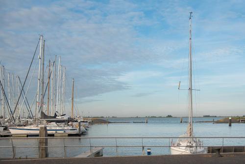 a group of boats docked in a harbor at Luxe Chalets in Zeeland aan de kust in Sint Annaland