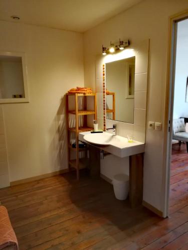 a bathroom with a sink and a mirror at Moulin Pont Vieux Chambres d'hôtes in Mortagne-sur-Sèvre