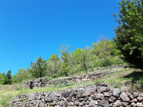 a rocky hill with trees and a blue sky at La Meïzou, gîte - chambres d hôtes à Champeix in Champeix