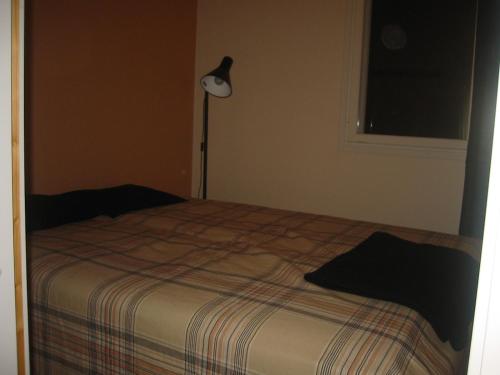 1 dormitorio con 1 cama con lámpara y ventana en Rattle Nest, en Loimaa