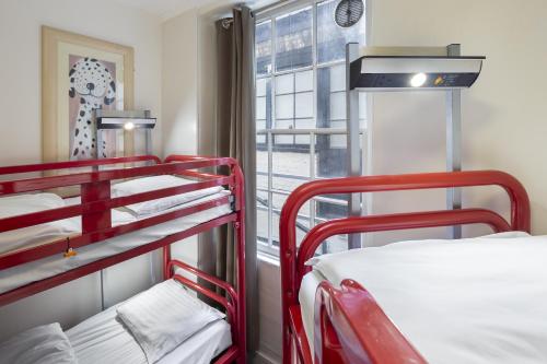 two red bunk beds in a room with a window at Astor Museum Hostel in London