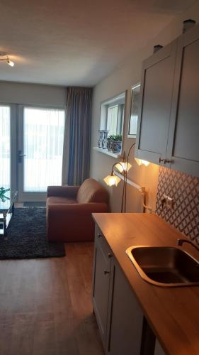 a kitchen with a sink and a living room with a couch at 2 persoons appartement Le Garage in Frieschepalen