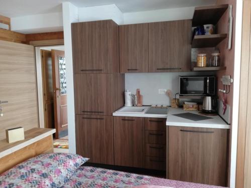 a small kitchen with a sink and a microwave at Casetta next to the Creek Sebastiano Ricci in Belluno