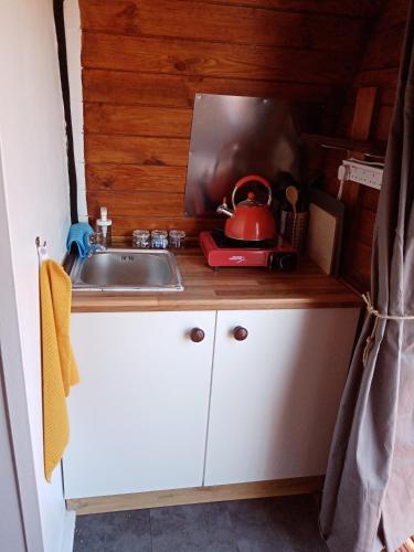 una cocina con fregadero y tetera en una encimera en Wee Hoose Glamping 3, en Kinbrace