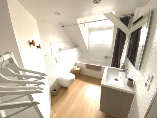 een witte badkamer met een toilet en een wastafel bij LA CLE DES TOITS in Colmar
