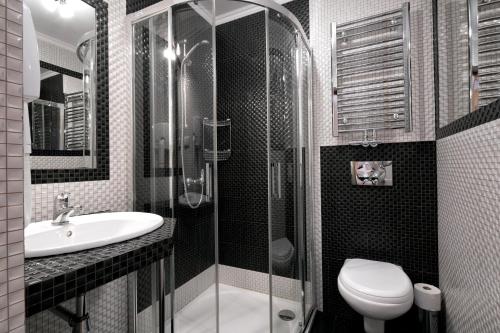 a bathroom with a shower and a toilet and a sink at Pensjonat Dawidek in Zakopane