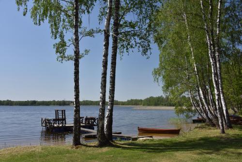 a lake with a dock and boats in the water at Duriu sodyba in Molėtai