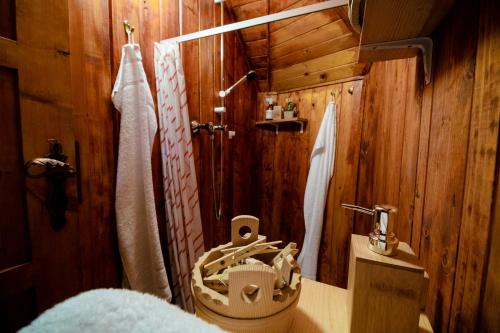a wooden bathroom with a toilet and a shower at Chalet Pinja - I FEEL ALPS in Stahovica