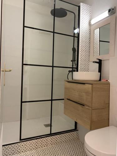 Et badeværelse på Appartement avec terrasse au centre de GRUISSAN