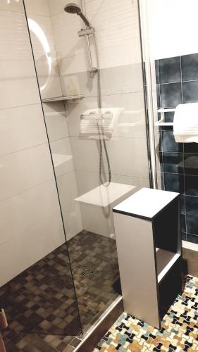 a bathroom with a shower and a sink at Les Jardins du Forez in Montrond-les-Bains