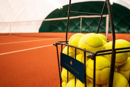 a bunch of tennis balls in a basket on a tennis court at Hotel Tannenhaus in Schöneck
