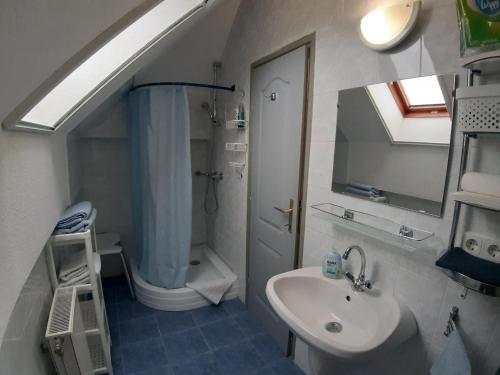 a bathroom with a sink and a shower and a toilet at FOKI Apartman in Siófok