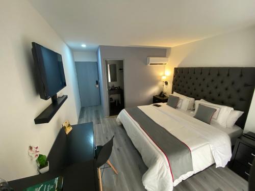 a hotel room with a large bed and a flat screen tv at Suites Arboleda 215 in Mexico City