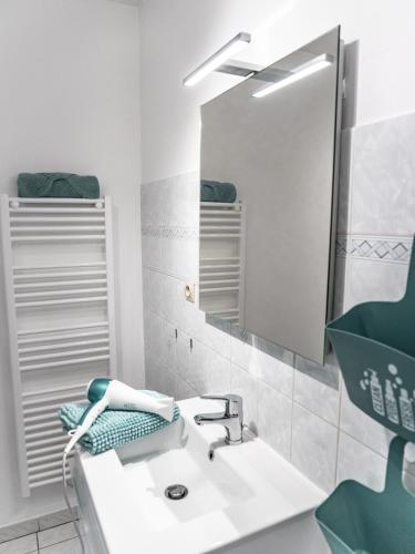 une salle de bain avec un lavabo et un miroir dans l'établissement Gîte Club House 2 & 3 Gîte CARQUEFOU Centre, à Carquefou