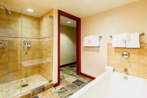 a bathroom with a shower and a bath tub at Everline Resort and Spa, Lake Tahoe in Olympic Valley