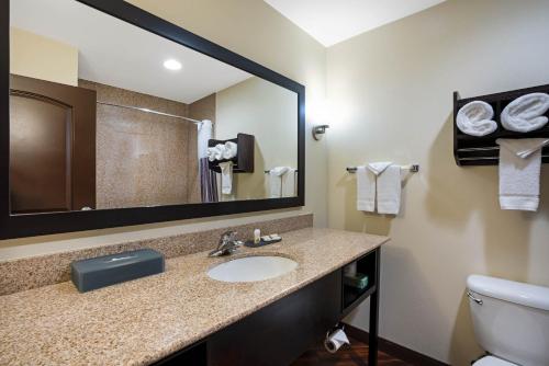 a bathroom with a sink and a toilet and a mirror at La Quinta by Wyndham Auburn in Auburn