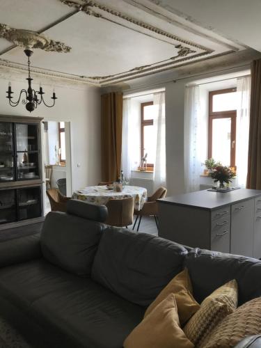 - un salon avec un canapé et une table dans l'établissement Ferienwohnungen Stadtboutique, à Annaberg-Buchholz