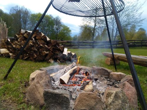 a fire pit with a pile of logs at Dom Królewski Róg in Giżycko