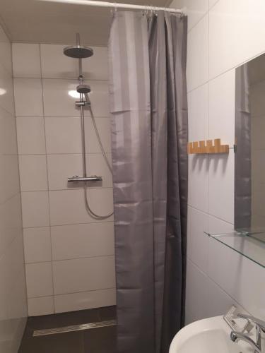 y baño con cortina de ducha y lavamanos. en Pension Rodenburg en Duppach