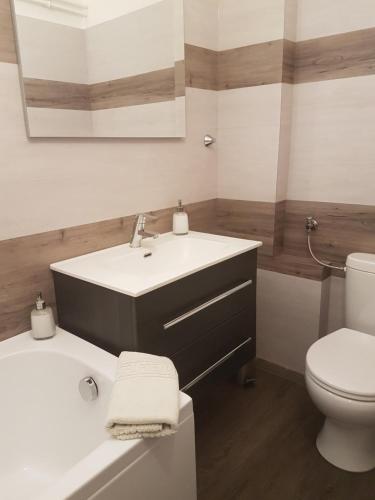 uma casa de banho com um lavatório branco e um WC. em Tópart Apartman em Tapolca