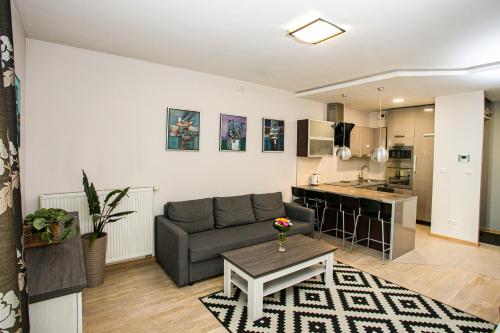 sala de estar con sofá y cocina en Murano Apartaments, en Varsovia