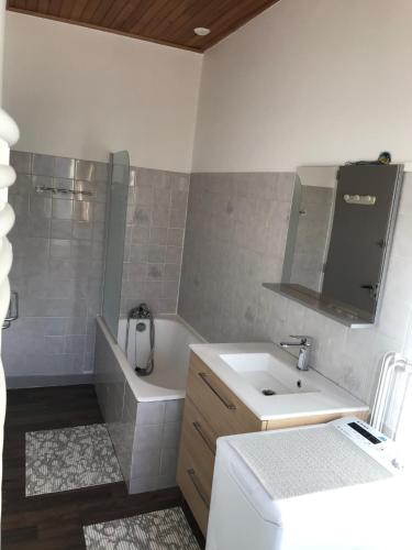 une salle de bain avec un lavabo, une douche et une baignoire dans l'établissement Appartement T3 Le Mont Dore Centre, à Le Mont-Dore