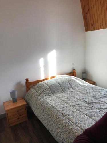 une chambre avec un lit et une table de chevet en bois dans l'établissement Appartement T3 Le Mont Dore Centre, à Le Mont-Dore