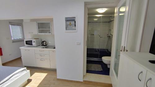 a white bathroom with a shower and a toilet at B&B Isola in Izola