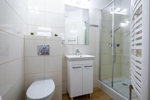 a white bathroom with a toilet and a shower at PIWNICZKA - Pokoje Zakopane Centrum in Zakopane