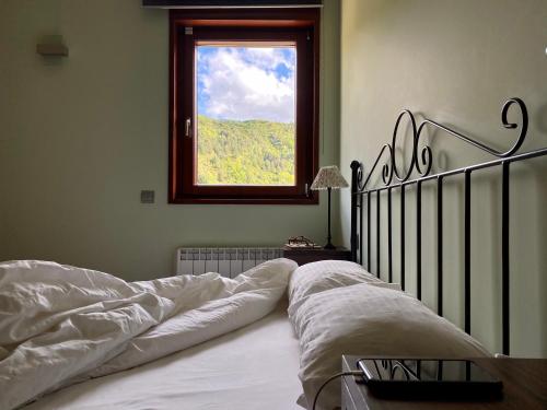 1 dormitorio con 1 cama y vistas a una ventana en Apartaments Turístics Cal Patoi, en Martinet