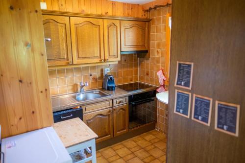 una piccola cucina con armadi in legno e lavandino di Chalet Orion a Bellwald
