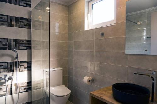 a bathroom with a toilet and a sink and a window at Beach Luxury Suite in Tsilivi