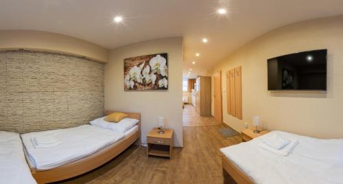 a room with two beds and a wall with a tv at Penzion Terezka in Hlučín