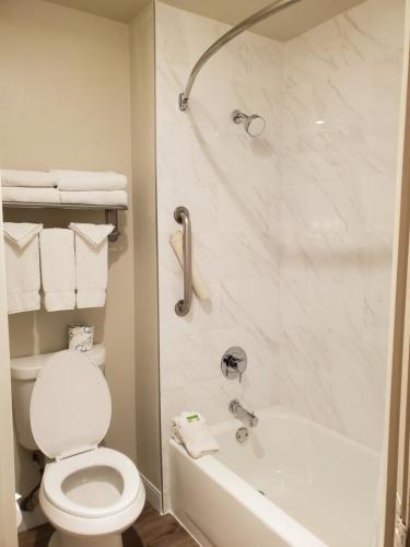 a bathroom with a white toilet and a tub at Wyndham Garden San Diego in San Diego