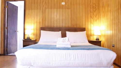 a bedroom with a large bed with two lamps at Haiken Hostal in Punta Arenas