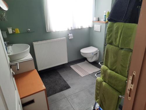 a small bathroom with a toilet and a sink at B&B Lomolen in Aalter