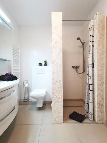 a white bathroom with a shower and a toilet at Ferienhaus am Darß in Pruchten
