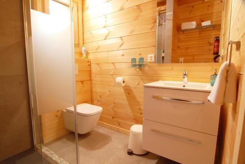 La petite salle de bains est pourvue de toilettes et d'un lavabo. dans l'établissement Le cocon du Catogne proche Martigny Verbier - Netflix -, à Les Valettes