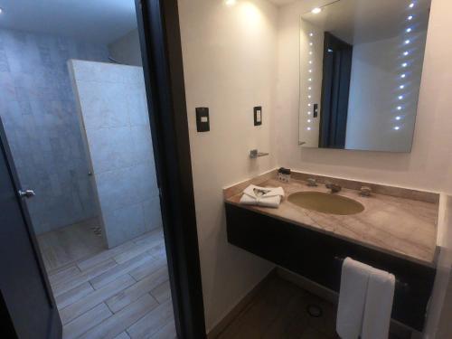 y baño con lavabo y ducha. en Hotel San Diego, en Guanajuato