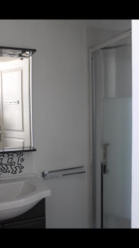 une salle de bain blanche avec un lavabo et un miroir dans l'établissement Résidence Pasteur - flyer, à Rochefort