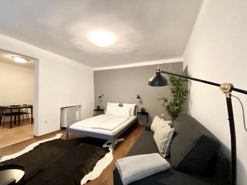 ブダペストにあるBudget Apartment by Hi5- Károly 16のリビングルーム(ベッド1台、ソファ付)