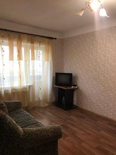 uma sala de estar com um sofá e uma televisão em 2к Апартаменты возле ЖД вокзала и Академии 096-55-48-111 em Khmelʼnytsʼkyy