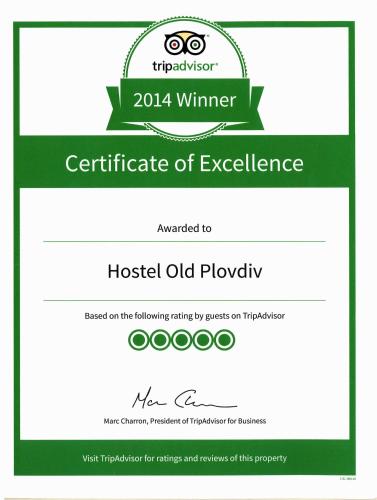 a certificate of excellence for a hospital old policy with a green logo at Guest House Old Plovdiv in Plovdiv