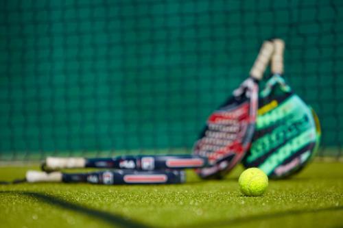 a tennis racket and a tennis ball on a court at Hotel Tejera del Nalon in Soto del Barco