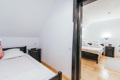 a bedroom with two beds and a large mirror at Pensiunea La Moară in Fundu Moldovei