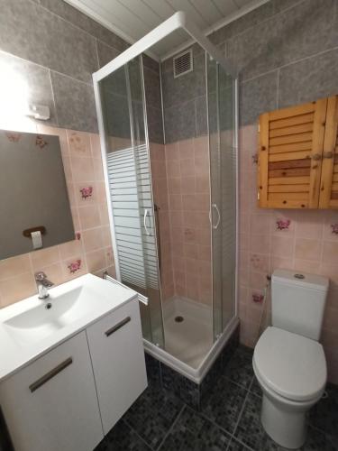 W łazience znajduje się prysznic, toaleta i umywalka. w obiekcie Appartement à Marseillan plage accès direct à la plage w mieście Marseillan