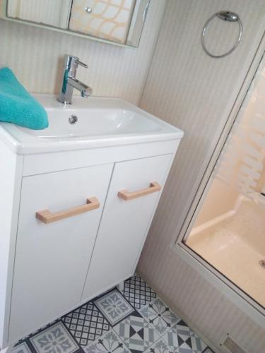 une salle de bain avec un lavabo et un miroir dans l'établissement Chalet plage Lomer, à Pénestin