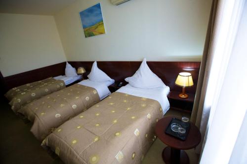 a hotel room with two beds and a table at Hotel Delta 3 in Tulcea