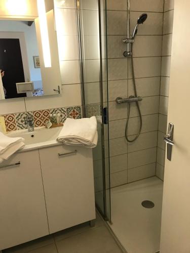 une salle de bain avec douche et lavabo dans l'établissement GOLF CLUB D'UZES, à Uzès