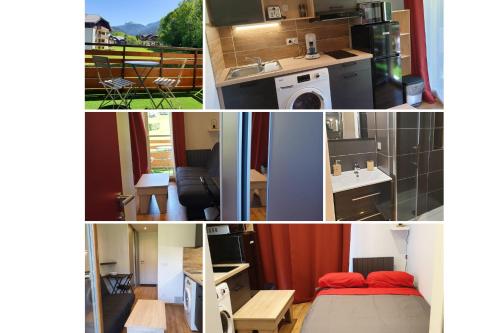 a collage of four pictures of a kitchen and a room at Le 211,ski et randonnée, lave linge ,parking in Bernex